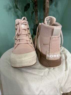 Sorel Pink High-Top Mesh Lace-Up Sneakers with White Stripe